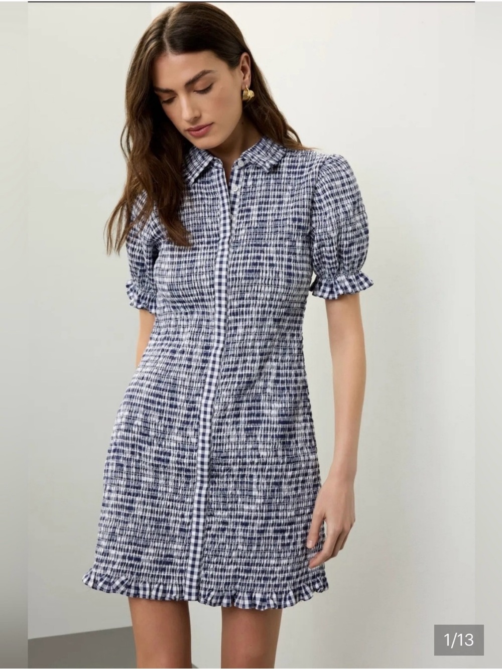 Jason Wu Collective Navy Gingham Smocked Cotton Mini Dress Size 4